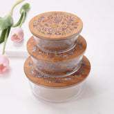 Urbane Home Pack of 3 Borosilicate Glass Kitchen Containers with Bamboo Lid | 390ml 620ml 960ml | Airtight Square Fridge Storage Boxes |kitchen organizer items and storage | Ratatoulie Print
